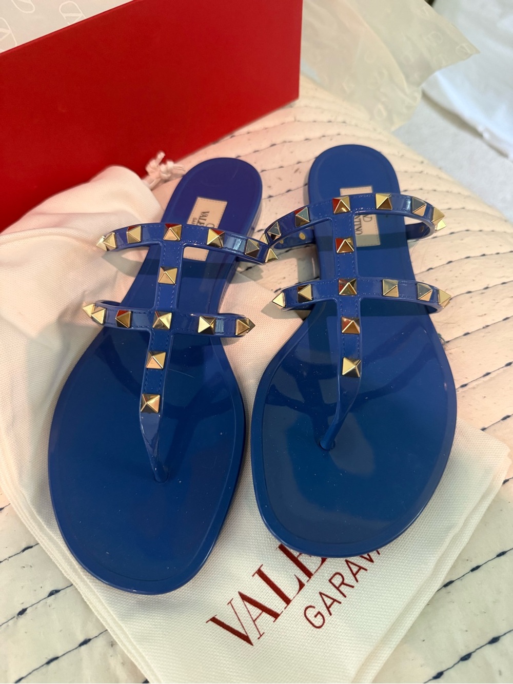 Valentino Garavani Blue Jelly Rockstud Thong Sandals